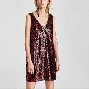 Zara red and black animal print sequin sleeveless cocktail dress